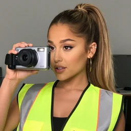 photo, close up, ariana grande in a hi vis vest, in tyson slaughterhouse, android cameraphone, 2 6 mm,