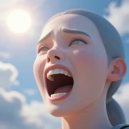 3 d, sci - fi, close - up, screaming fashion model face, sun, cinematic, clouds, sun rays, vogue cover style, poster art, blue mood, realistic painting, intricate oil painting, high detail illustration, small red roses, figurative art, multiple exposure, poster art, by tooth wu and wlop and beeple and greg rutkowski