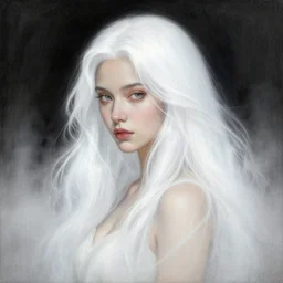 a drawing of a woman with long white hair, an ultrafine detailed painting by charlie bowater, featured on deviantart, fantasy art, storybook illustration, made of mist, deviantart