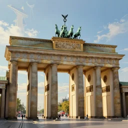 dystopian brandenburg gate Germany, futuristic digital painting, concept art, skyline in back, in the style of Ralph Mcquarrie, warm lighting, volumetric lighting, trending on artstation, high detail, sci fi, bright colours, vivid colours