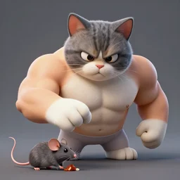 extremely muscled angry kitty cat pointing at a frightened muscled mouse for eating all the delicious cheese, Boris Vallejo, Julie Bell, Greg Hildebrandt, Tim Hildebrandt, Artgerm