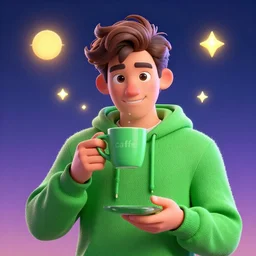 portrait of a ( ( ( grande y verde una taza de cafe ) ) ), ( ( dotado futuristic guapo y joven espanol alegre ) ), tomande cafe, lleno de estrellas y magia, el sol, 3 d photorealistic, concept character, by filip hodas, trending on artstation