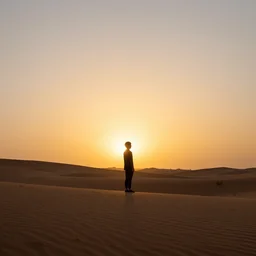 a silhouette of a person standing alone in the desert with the sun setting behind them