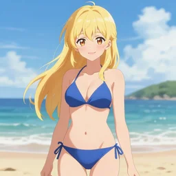 sexy blonde anime girl smiling at the beach