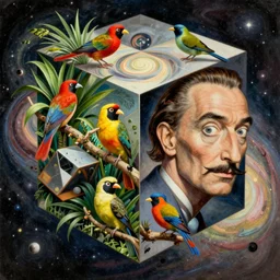 a hd surrealism painting of tropical birds inside galactic hypercube sculptures by dali and kandinsky, ultra detailed, 8k