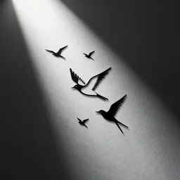 a simple tattoo design of minimalist flying birds, black ink, abstract logo, line art