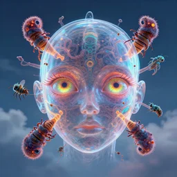 trapped in my conscious, sky falling, look me inside of my eyes, transparent holographic being, thermal, bioluminiscent creatures, intricate artwork by beeple. octane render, trending on artstation, greg rutkowski very coherent symmetrical artwork. cinematic, hyper realism, high detail, octane render, 8 k