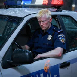 anthro albino police officer sitting in his patrol car looking bored at night in the rain, deep focus, highly detailed, digital painting, artstation, concept art, matte, sharp focus, illustration, art by artgerm and greg rutkowski and alphonse mucha