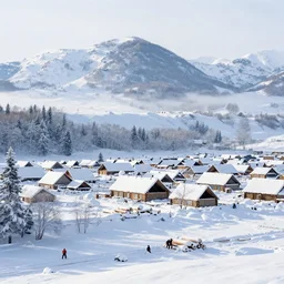 snowy village under tons of snow built in snowy mountains in winter, white light, forest near the village, lumberjacks working around, hyperdetailed, artstation, cgsociety, 8 k