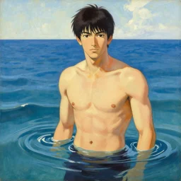 attractive man in the ocean, painting by j. c. leyendecker, yoji shinkawa, katayama bokuyo