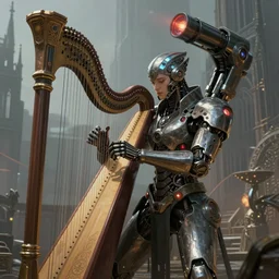 full shot portrait of medieval - cyberpunk - spidermech with giant laserturret and playing on the laser harp, cyberpunk 2 0 8 8, szene of cyberpunk gothic city background, elegant, digital illustration, detailed, intricate, sharp focus, digital painting, deep focus, artstation, matte, art by artgerm and greg rutkowski and alphonse mucha