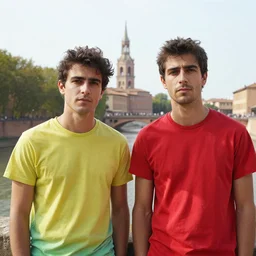 2 guys wearing colored t shirts, by toulouse lautrec
