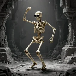 a skeleton in sunglasses dancing, digital art, limited color palette, gray dungeon background, very realistic, artstation, greg rutkowski
