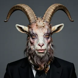 actor Roddy McDowell in Elaborate Pan Satyr Goat Man Makeup and prosthetics designed by Rick Baker, Hyperreal, Head Shots Photographed in the Style of Annie Leibovitz, Studio Lighting