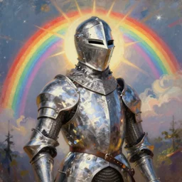 a painting of a sliver knight, rainbow in the background, by albert bierstadt and gediminas pranckevicius