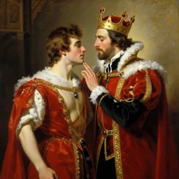 attractive fully clothed king confesses his love for his attractive fully clothed male prince. highly detailed painting by daniel f. gerhartz, j. c. leyendecker 8 k