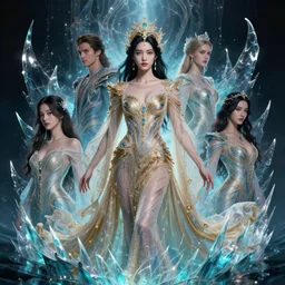character design by android james, ruan jia, ilya kuvshinov, martine johanna, jakub rebelka ( ( ( portrait of hoyeon jung in seductive luxurious celestial dress ) ) ) emerging from biolomeniscent water, sharp edges. ultra detailed, majestic, intricate,