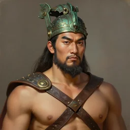 smart tai warlord, closeup portrait, beardless, smooth - faced, historical hero, ethnic group, tai costume, bronze headdress, intricate, with leather armor cross on bare chest, elegant, loin cloth, highly detailed, oil painting, artstation, concept art, matte, sharp focus, illustration, hearthstone, art by earl norem