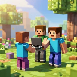 block figures looking like roblox figures who are (playing with a computer)!! in a block world, having fun in the sun, bright and fun colors