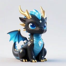 cute little dragon, black, neon blue and gold, diamonds, highly detailed, artgerm, cushart krenz, artstation, soft light, sharp focus, illustration, character design, concept art