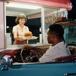 black man ordering fast food hamburger at drive thru window, woman working at drive thru window holding fast food tray, 1 9 5 0's era drive thru restaurant, black man driving vintage car with elaborate interior with no interior lights, nighttime,