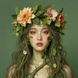 anthropomorphic tree vine woman head wearing a crown made of flowers and leaves