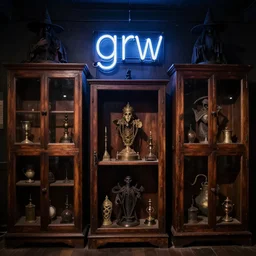 museum of occult objects, cabinets, neon sign that says grw, witches, dark, realistic, intimidating