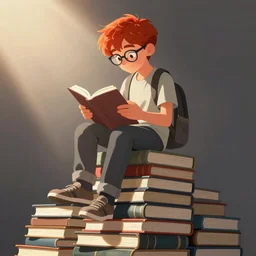 a young man with red hair and glasses sits on top of a tall pile of books. he is reading. clean pretty cartoon painting, cel shaded, beautiful detailed face.