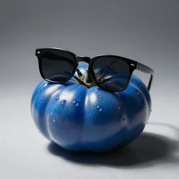 a blue tomato, with black sunglasses