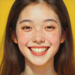 epic portrait of a girl deemed beautiful by western standard unnaturally wide smile, horror smile, soft edges, dewy skin, painting, warm lighting, greg rutkowski, by kawase hasui, moebius and edward hopper, vivid bright light, colorful flat surreal design, hd, 4 k, artstation