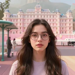 cinematic mid shot of a high detail, pretty, young woman's face looking off camera, with round glasses. fine facial features, flowing hair, she stands in a pastel colourful 3 d, bus stop street scene by jeffrey smart and gregory crewdson and edward hopper, inspired by the grand budapest hotel, lots of pastel colour