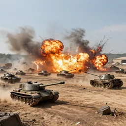 a battlefield in a war explosions and tanks