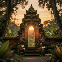 a jungle temple surrounded by moss and tropical flowers, with a sunset, by alex horley, bokeh photography, amber colour