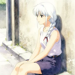 girl sitting in street. against wall. white hair, braided. look left. anime, watercolor, akira toriyama, masterpiece, artgem