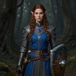 portrait knight female, chain mail armor, blue surcoat, elf long weaving brown hair, hyperrealistic hyperdetailed, uhd, round blue necklance, leather gloves, wide belt scabbard, shield, dark forest, dnd fantasy, intricate, digital painting, artstation, concept art, matte, sharp focus, laura sava style illustration, hearthstone, art by loes romero, artgerm, mucha