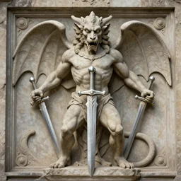 a detailed full body portrait gargoyle guardian in stone, relief statue, holding sword, symmetry, symmetrical, by greg rutkowski and justin gerard, digital art, monstrous, art nouveau, baroque style, realistic painting, very detailed, fantasy, dnd, character design, trending on artstation