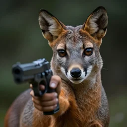 cinematic shot chinchilla holding a pistol, hyper realistic, mood lighting, fantasy, detailed face, highly detailed, super realistic, perfect lighting