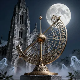 a huge delicate metal Sundial in the moonlight, Behind the tall and delicate gothic church at night, with ghosts floating in the foreground, light through the mist, dramatic lighting, photorealistic, cinematic lighting, high detail, cinematic feel, high octane, 4K, Unreal Engine, digital render, intricate, ultra realistic