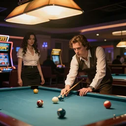 Benny from Fallout new Vegas playing billiards with a prostitute at the TOPS casino. Ultra HD, 45mm, elegant, retro style, cinema picture