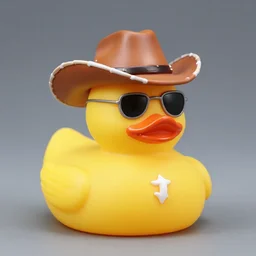 a studio photography of a sheriff cowboy rubber duck with a cowboy hat and sunglasses