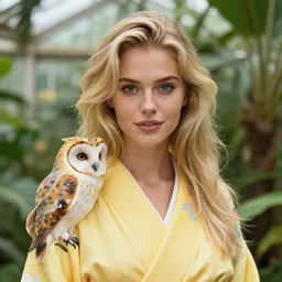 portrait photograph of an extremely beautiful!!!! and sexy young blonde female. shallow depth of field. shallow focus. bokeh!!!. symmetric face!. round detailed eyes!!, slight smile. natural light. wearing a yellow!!!!!! kimono!! with a very detailed barn owl! on her shoulder in a tropical greenhouse. looking at the camera!!. super resolution. art by alesio albi and alphonse mucha