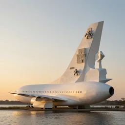 photo of minimalist abstract cubist sculpture of curvy spaceship with random small mecha mayan decorations, covered with few large white airplane parts with windows and doors, gigantic size, sunset lighting by a lake