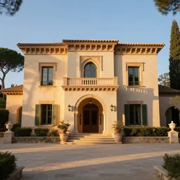 High-quality DSLR photography of the facade of a neo-moorish villa in the French Riviera at dawn, wide-angle, warm lighting, long shadows, beams of sunlight.