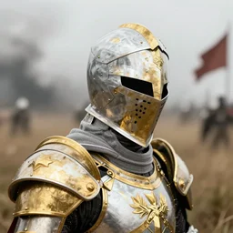 A Knight of Gold and White, fields of war, headshot photo, character concept, dark souls concept art, Feng Zhu concept art, dramatic lighting, highly stylized, trending on artstation, high-quality wallpaper, desktopography