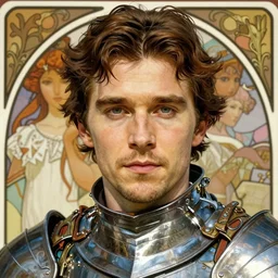 realistic detailed face portrait of christian bale in knight's armor by alphonse mucha, ayami kojima, amano, greg hildebrandt, mark brooks, and ernst haeckel, male, golden ratio, face in focus, art nouveau, neo - gothic, gothic, neoclassical,