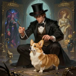 “a magician enlarging their pet corgi through augmentation, Magic the Gathering, Simic experiment, Strixhaven, Quandrix, D&D, fantasy, intricate, cinematic lighting, highly detailed, digital painting, artstation, concept art, smooth, sharp focus, illustration, art by Artgerm and Greg Rutkowski and Alphonse Mucha”