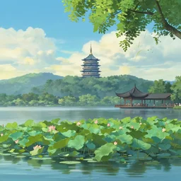 west lake in hangzhou in the garden of words style, by shinkai makoto