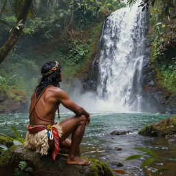 a realistic painting of an incan priest near a waterfall in the amazon jungle, gazing at the water, highly detailed, art by christophe vacher