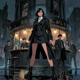 young female detective long tailored overcoat, dress, combat boots, in a dark city in the rain, in front of a bar, surreal, comic book, low angle, wide angle, concept art by stuart immonen, warren ellis, rafael albuquerque, shinji aramaki, greg rutkowksi, andrew ferez