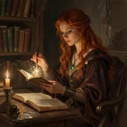 a beautiful matte painting of a female dnd fantasy mage in a dusty library learning a new spell, hyperrealistic, artstation